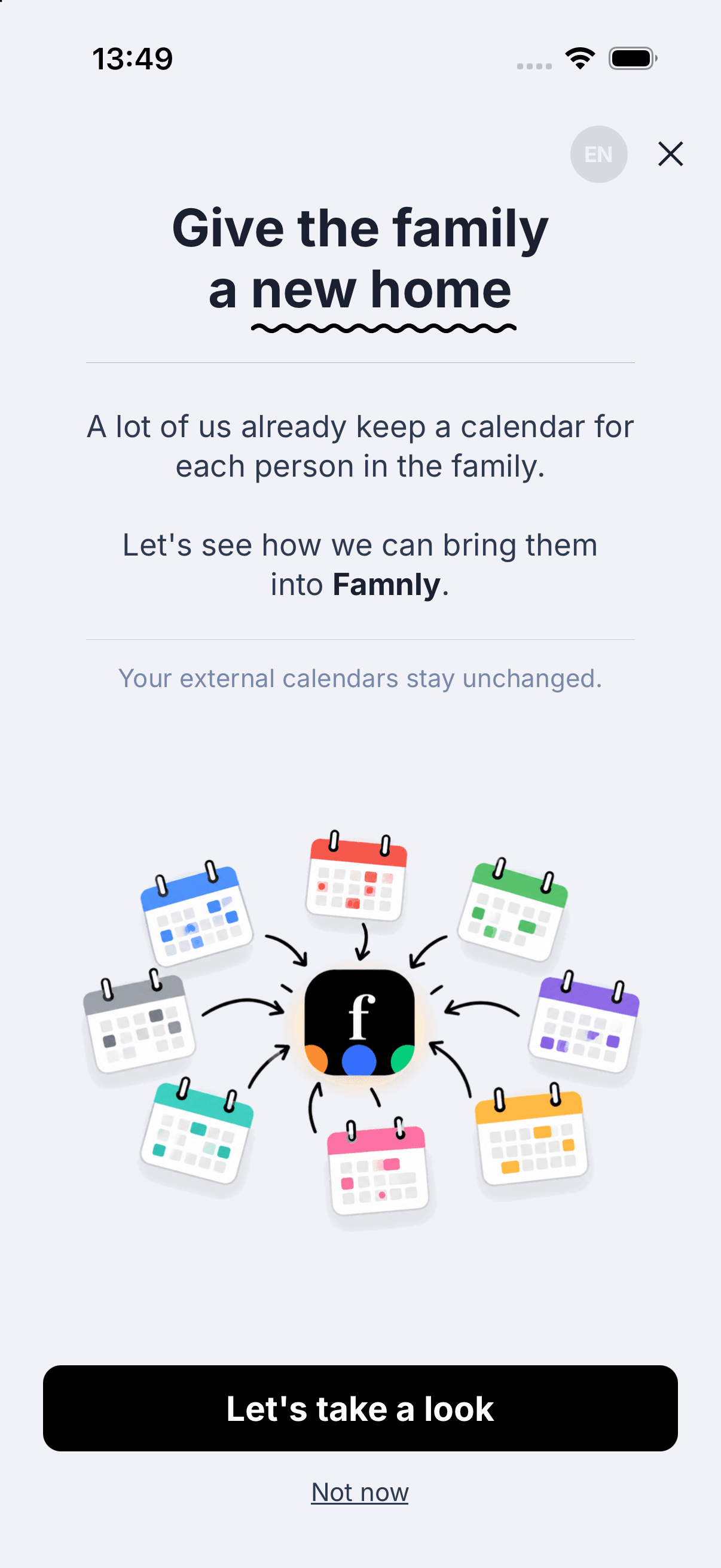 Famnly calendar import guide: calendars from different apps coming together in Famnly, with the note that external calendars stay unchanged