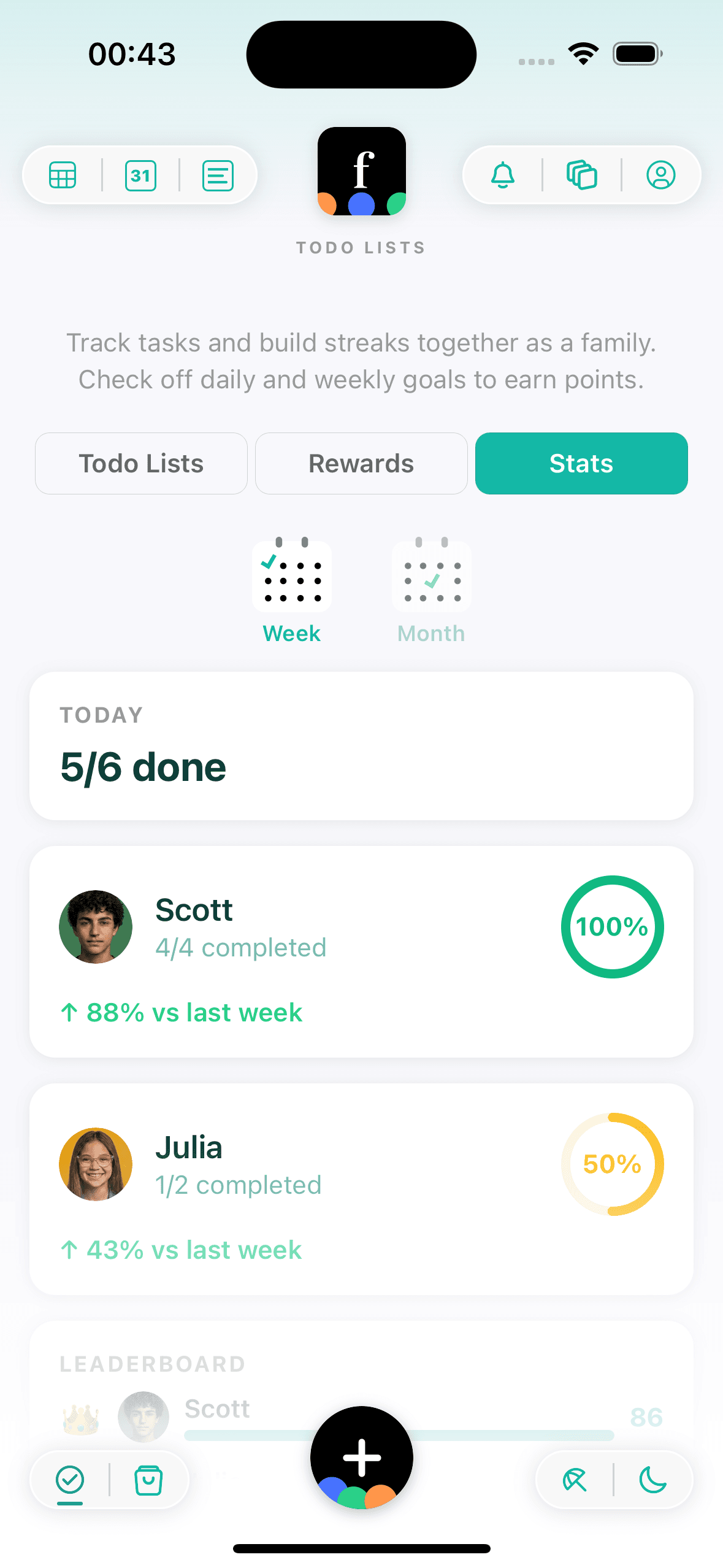 Famnly chore stats with per-child completion rates, weekly comparison, and family leaderboard