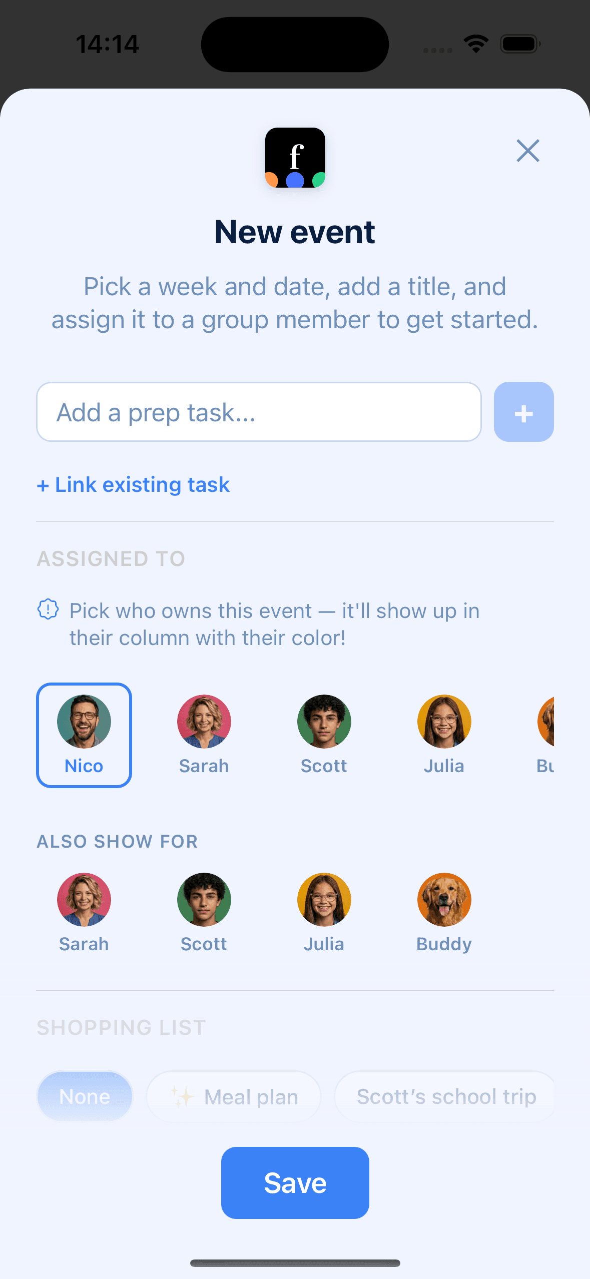 Famnly's event creation sheet showing yearly recurrence, linked members across the parent and child columns, a Google Places location, and a per-event reminder