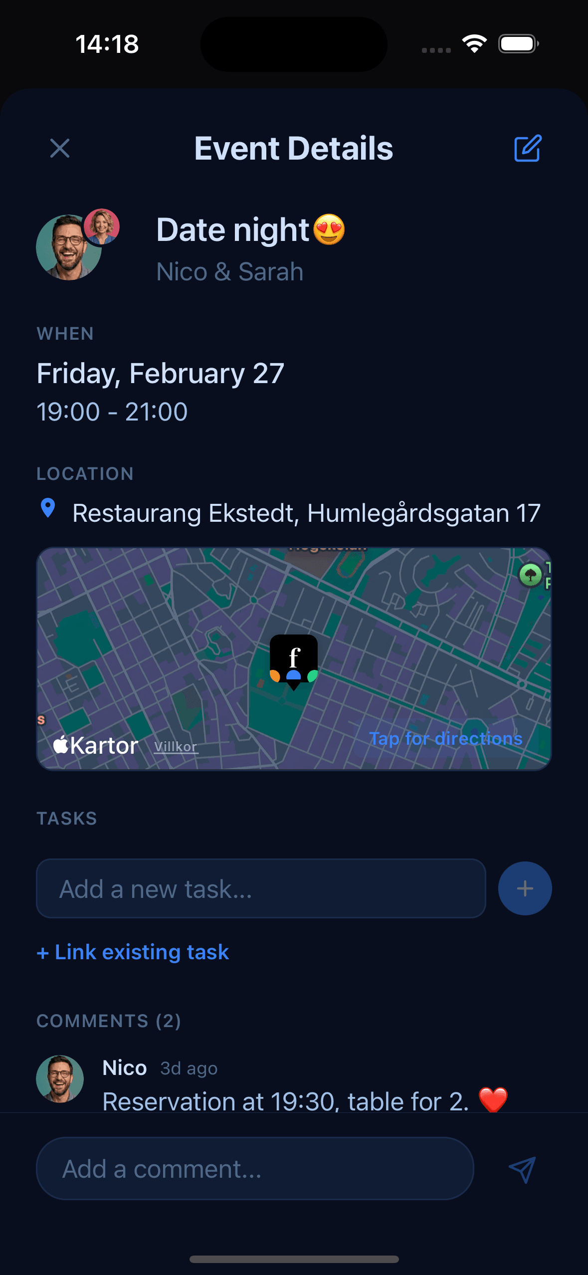Famnly event details with location, tasks, and family comments