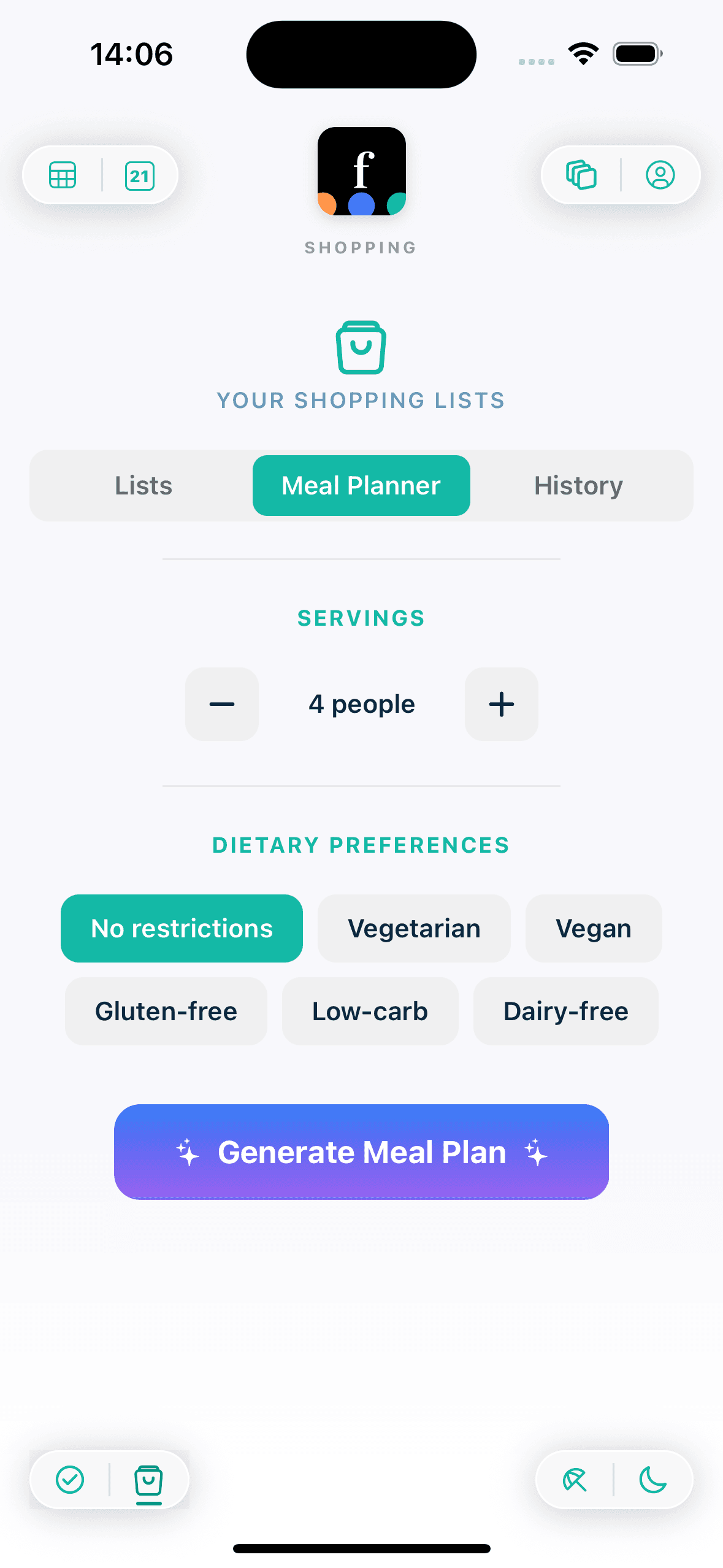 Famnly's weekly meal plan view with five dinners laid out across the week