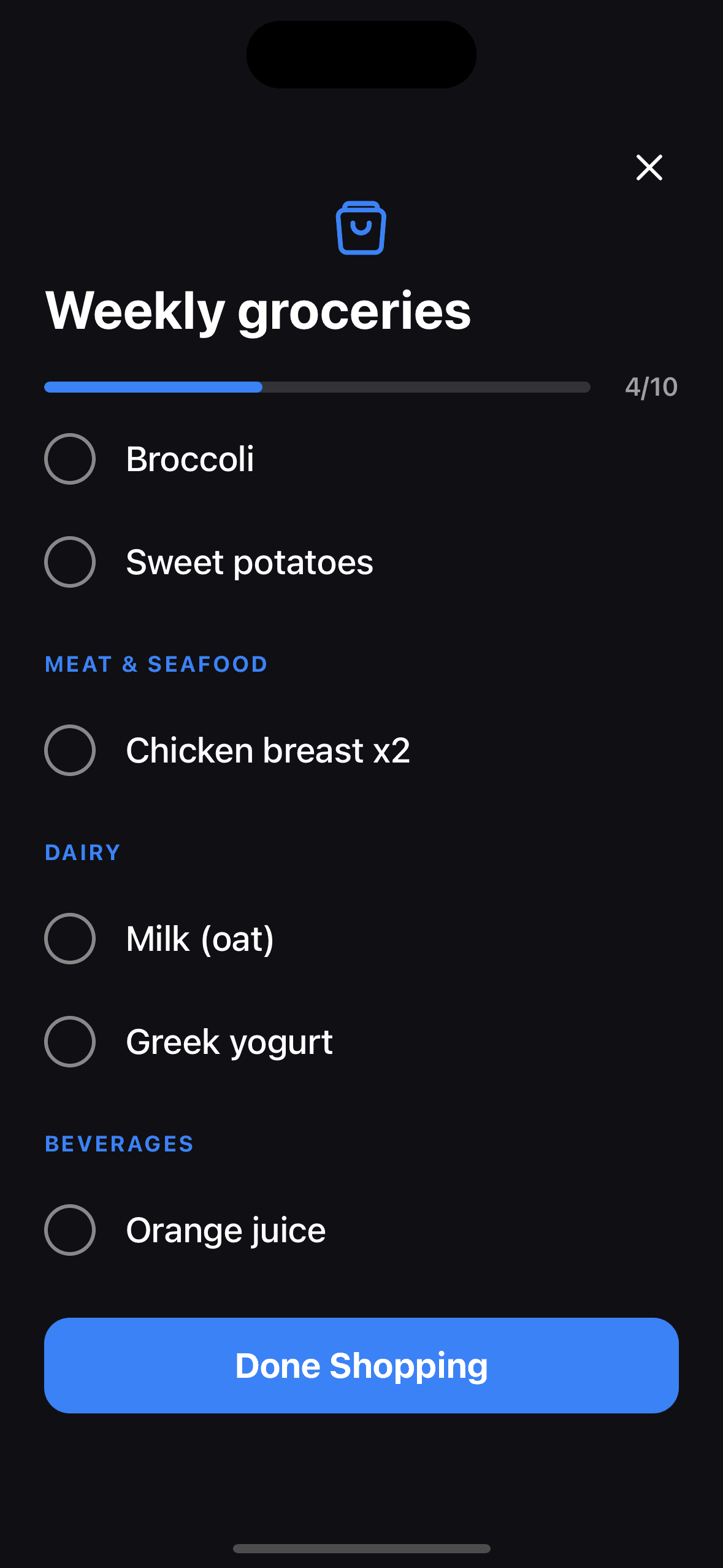 Shopping focus mode organizing grocery list by store aisle
