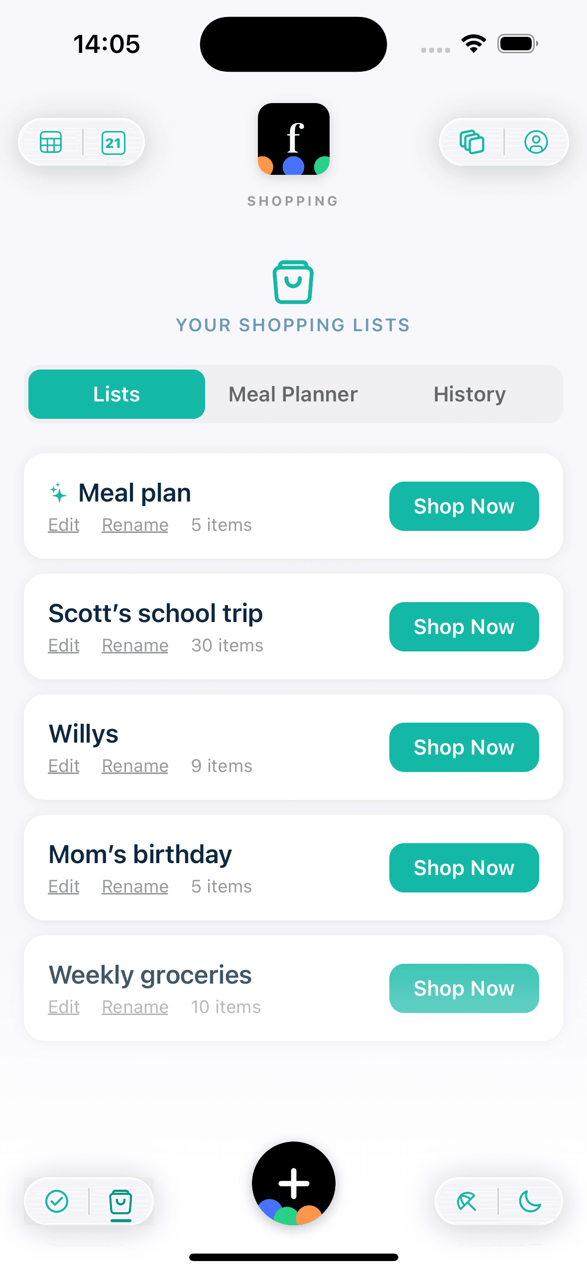 Shared family shopping list with categorized grocery items