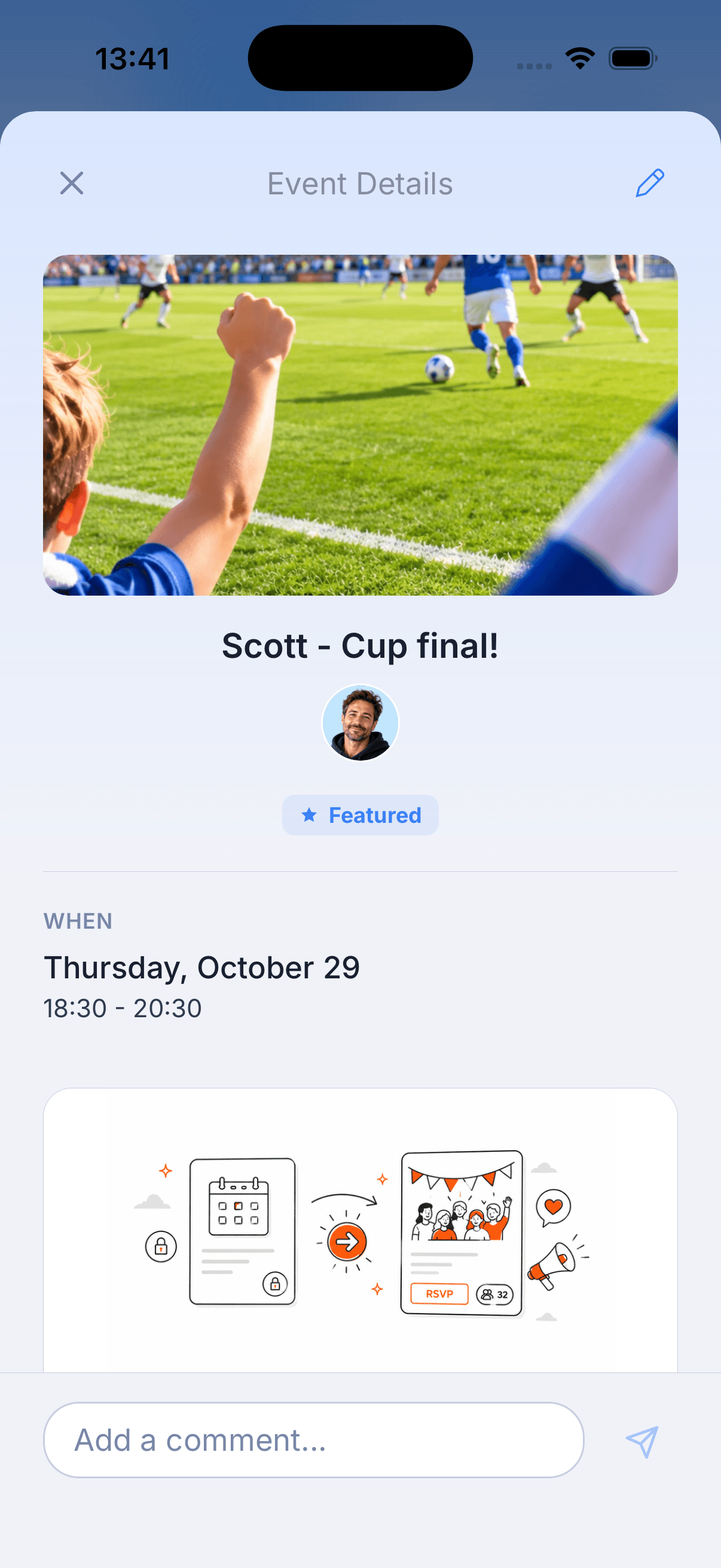 Famnly event details for a featured cup final, with a photo, who it's for and comments