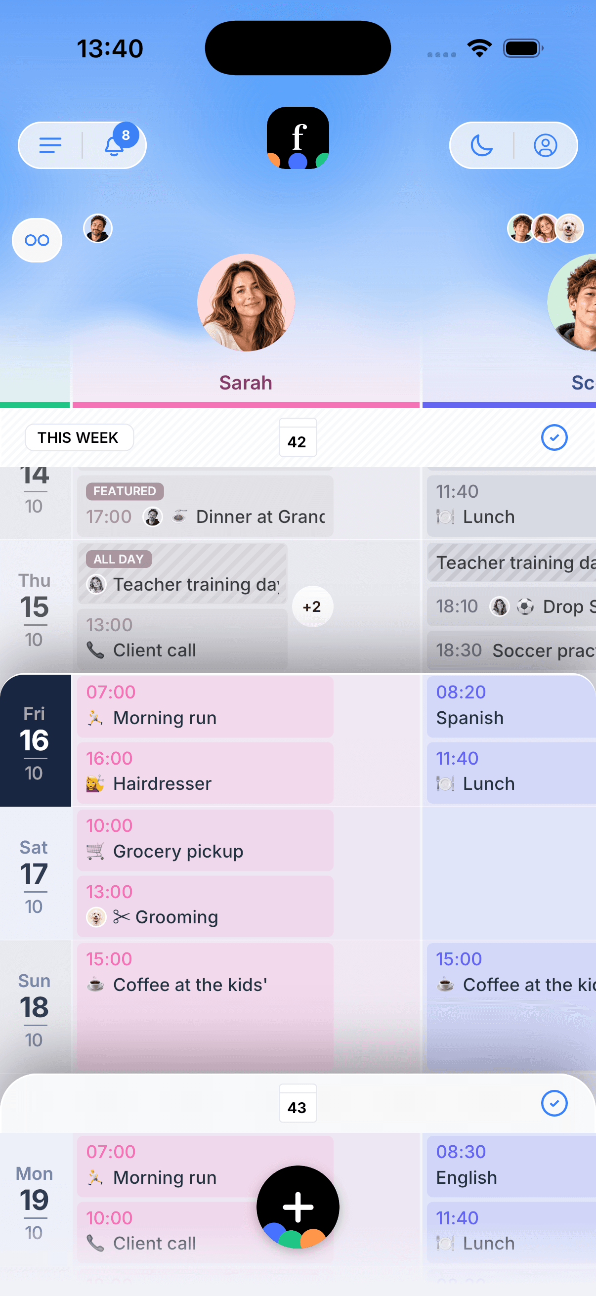 Famnly week view zoomed in on one family member, with the next person's column alongside