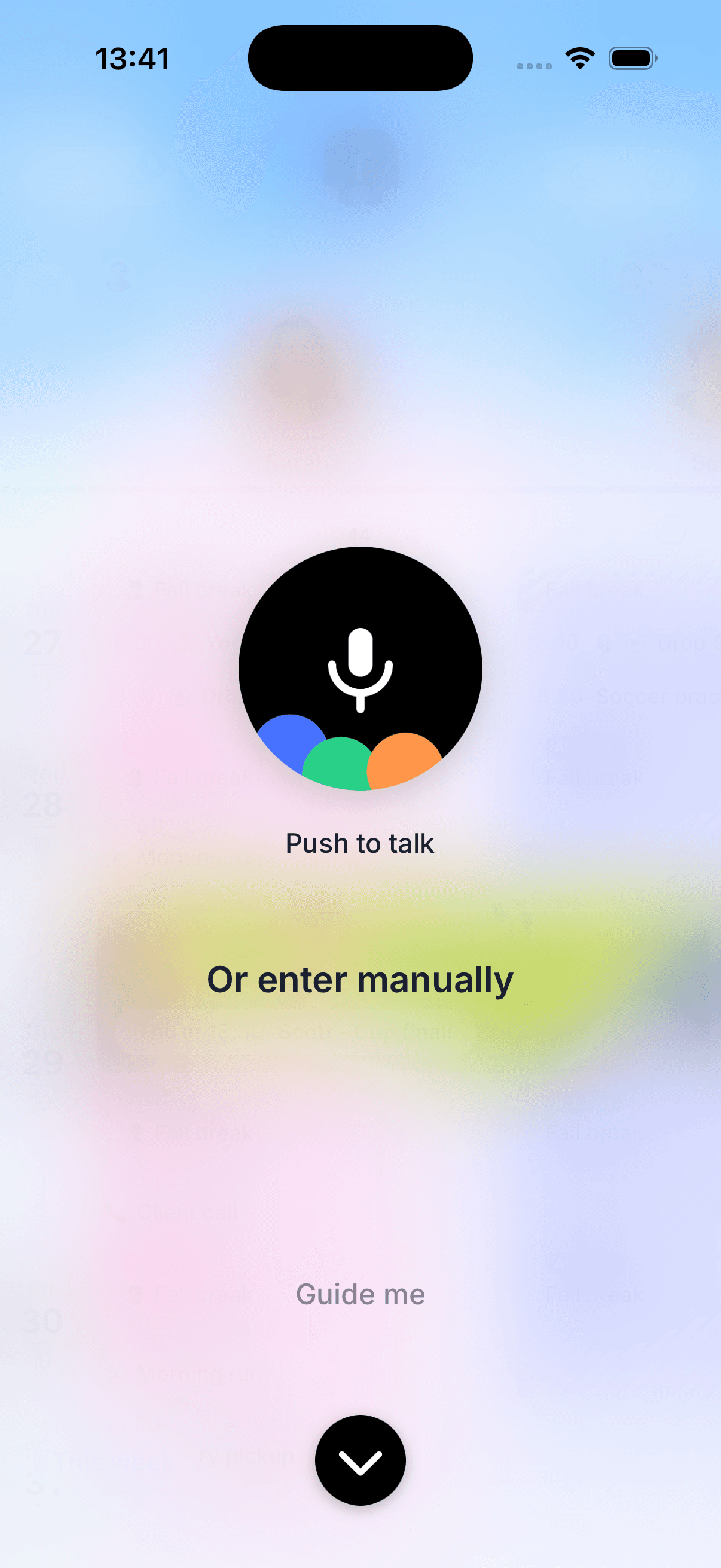 Famnly push-to-talk button: hold it and say the event, or enter it manually