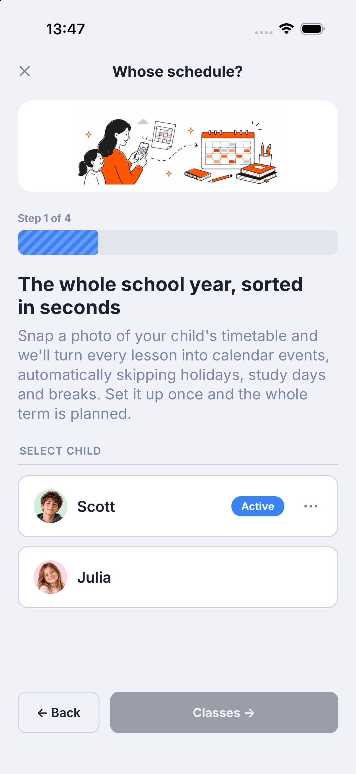 Famnly school schedule guide: pick the child, then turn a photo of the timetable into a term of lessons