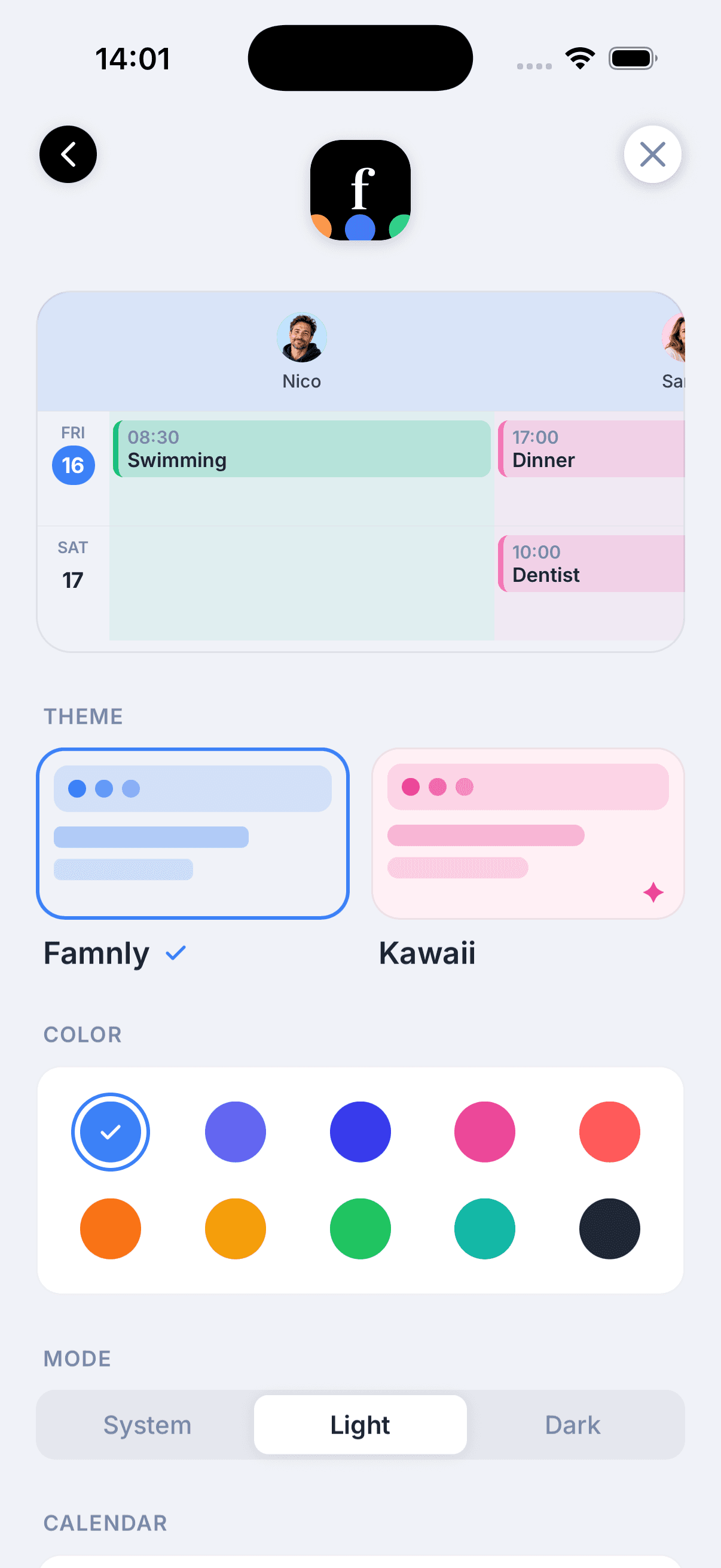 Famnly appearance settings: Famnly and Kawaii themes, ten colors, and light or dark mode