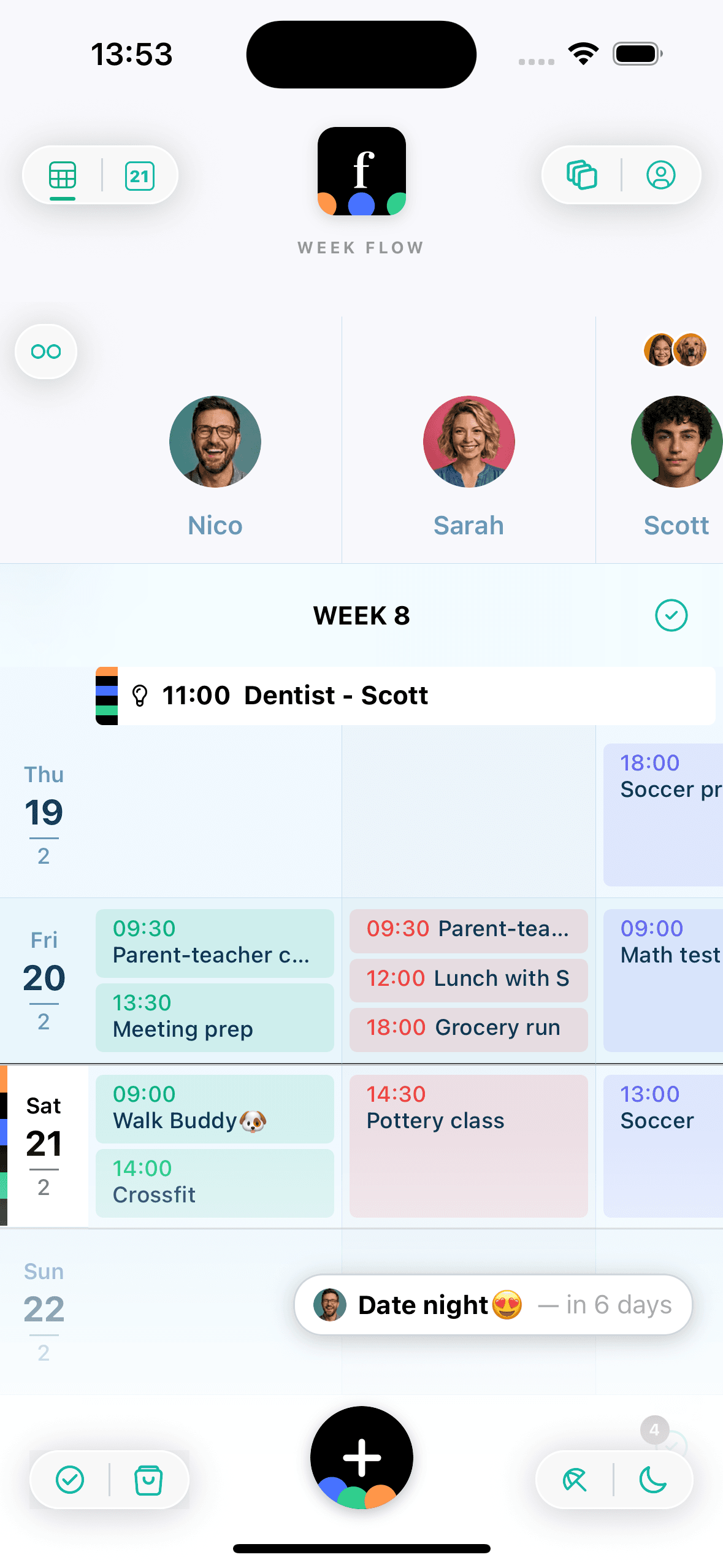 Famnly week flow view with color-coded family member columns and avatars