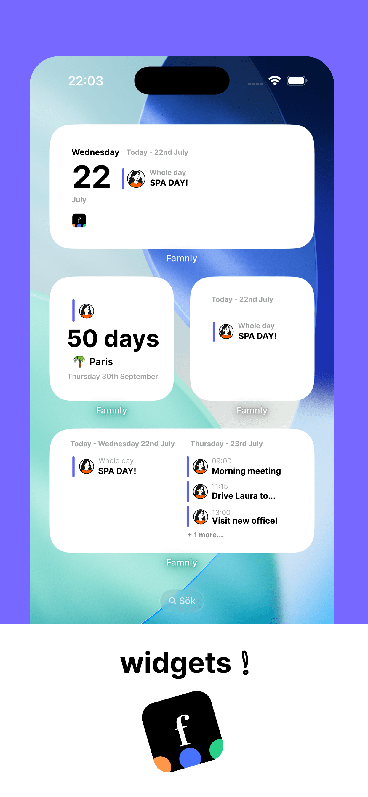 Famnly-widgetar på iOS-hemskärmen med dagens familjeagenda, en nedräkning till en händelse och datumet